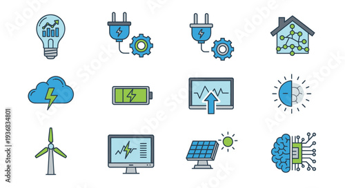 Collection of Icons Representing Energy Technology and Innovation Concepts.