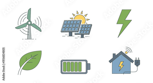 Renewable Energy and Green Technology Line Icons Set.