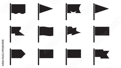 Flags collection of twelve black silhouette icons representing different shapes and styles of flags on poles