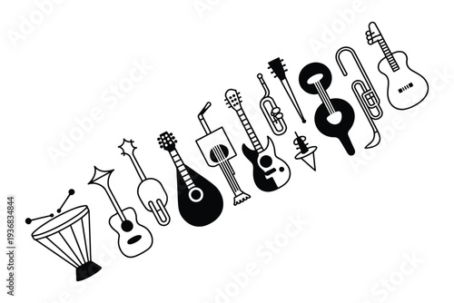 Guitar vector illustration of various musical instruments in black and white
