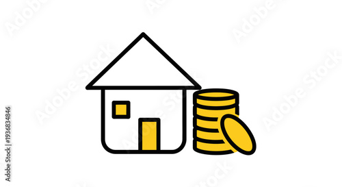 House and Stack of Coins Icon: Real Estate Investment and Finance Concept