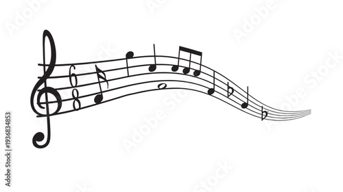 Musical notes and staff with treble clef and time signature, black simple illustration with a flowing rhythm.