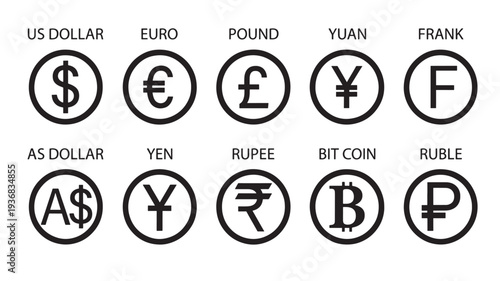 Currency symbols for US Dollar, Euro, Pound, Yuan, Frank, Australian Dollar, Yen, Rupee, Bitcoin, and Ruble are displayed.