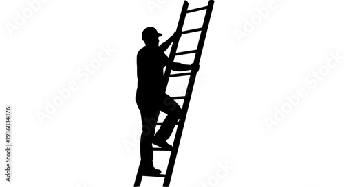 Silhouette of a person climbing a ladder on white background