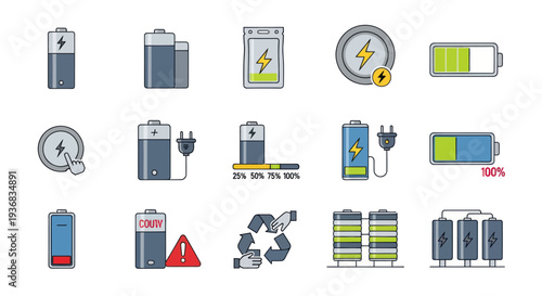A colorful collection of line art icons depicting various batteries power levels and charging states.