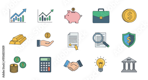 Collection of Financial and Business Icons Representing Growth and Security.
