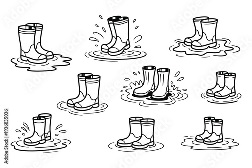 A set of rubber boot vector illustrations in various muddy puddle scenes