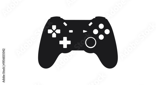 Black video game controller icon on white background, gaming concept