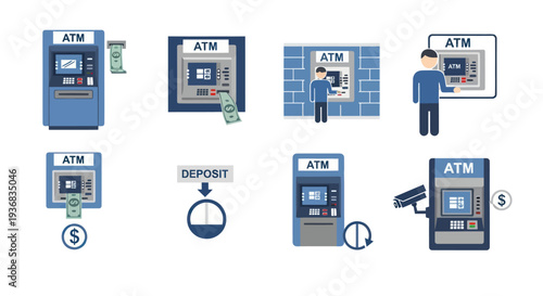 A collection of flat vector icons illustrating the process of using an ATM for banking transactions.