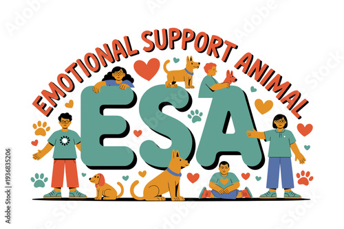 Emotional support animal illustration with people and dogs