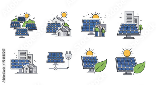 Solar Panel Icons: Renewable Energy Solutions for Homes and Businesses.