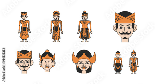 Set of Indonesian Traditional Costume Cartoon Characters Illustrations.