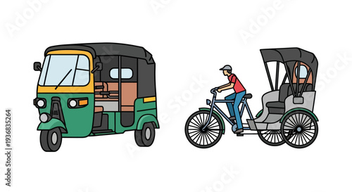Traditional Asian Rickshaws: Auto-Rickshaw and Cycle Rickshaw Illustrations.