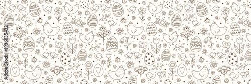 Colourful Easter texture in cartoon style. Hand drawn chicks, eggs and flowers. Doodle.  Vector illustration