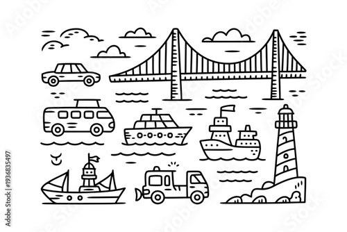 Vehicle and boat icon set with bridge and lighthouse in background