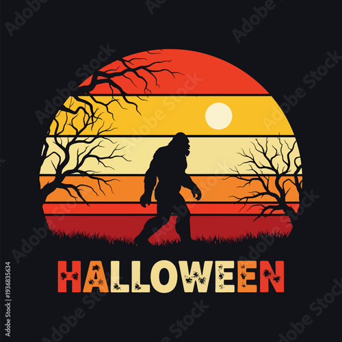 Mysterious Bigfoot Walking in Retro Sunset Forest for Halloween Celebration Design
