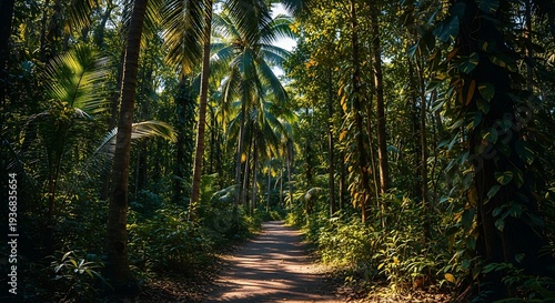 Tropical forest with palm trees and dirt road