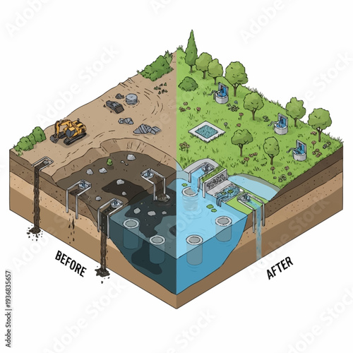 Isometric view of land before and after environmental restoration.