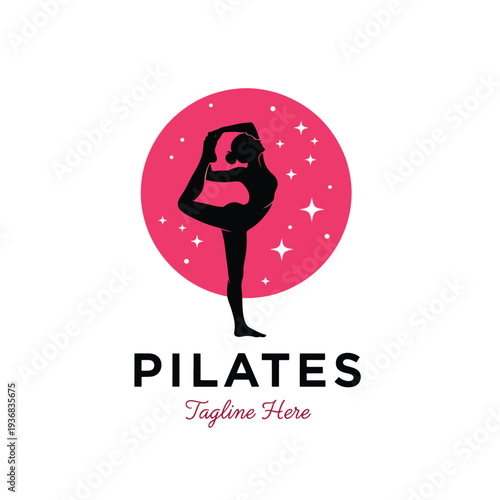 Elegant Pilates Studio Logo with Female Silhouette in Yoga Pose on Abstract Pink Background