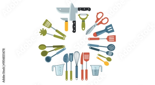 Circular arrangement of various kitchen utensils and tools on a plain white background in a flat lay composition.