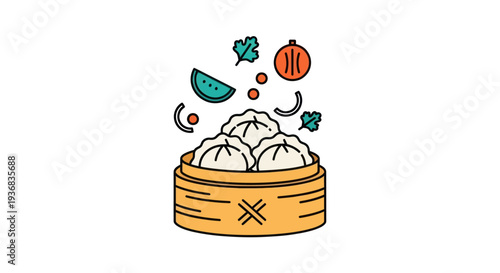 Steaming dumplings with fresh garnishes
