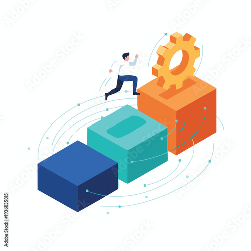 Man assembling colorful 3D blocks with gear in modern minimalist style with bright pastel colors and clean lines for business presentation