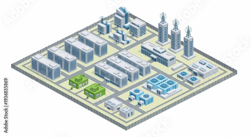 Isometric cityscape with industrial and commercial buildings.