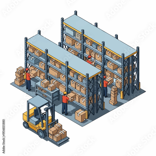 Isometric warehouse with workers and forklift managing inventory.