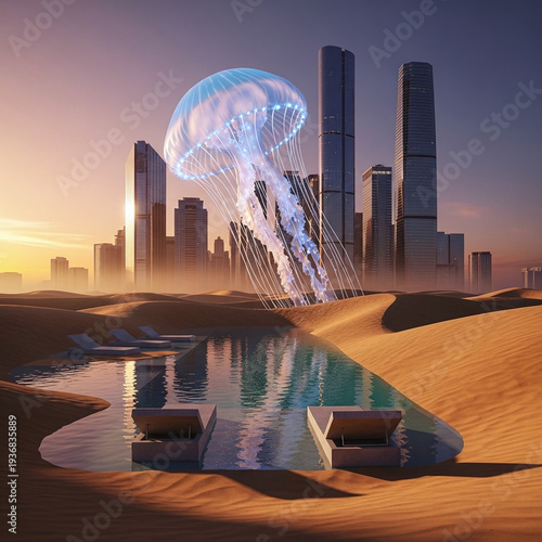 Surreal glowing jellyfish floats over desert city skyline