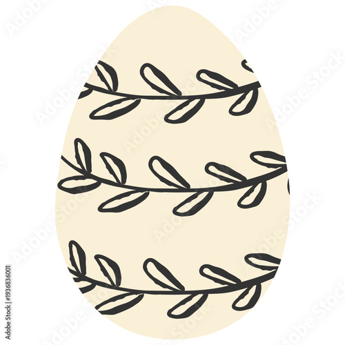 Decorative Easter egg with black ink leaf branch ornament on beige background. Symmetrical hand drawn foliage for organic spring holiday decor and minimalist botanical invitations
