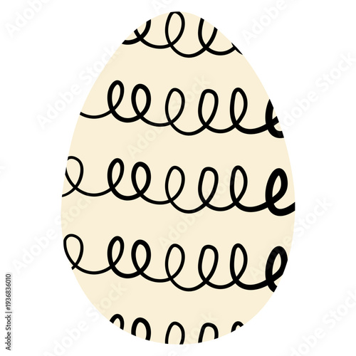 Decorative Easter egg with curly black ink spiral patterns on beige background.Hand drawn swirl ornaments for creative spring holiday branding and artistic greeting card design