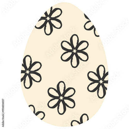 Delicate Easter egg with tiny black ink flowers on beige background. Elegant hand drawn botanical pattern for spring holiday celebration and decorative seasonal gift wrap design