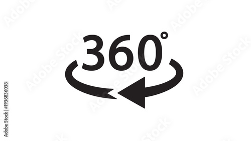 360 degree icon with curved arrows indicating rotation and a full circle of movement featuring circular motion, symbol, perspective with vr and
