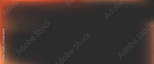 Dark transparent textured background with warm orange light leak and subtle film scratches, vintage burnt frame effect overlay for modern photo editing, video transitions