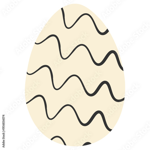 Easter egg with black ink horizontal wave ornaments on beige background. Hand drawn squiggle lines for modern spring holiday graphic design and creative seasonal pattern elements