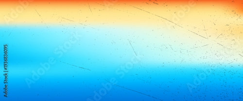 Grunge gradient background blending warm orange and yellow into bright blue, with scratched texture overlay, perfect for summer posters, surf themes and modern web design