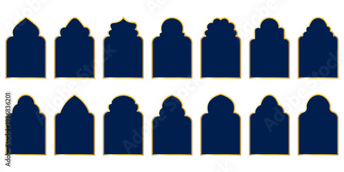 Set of dark blue Islamic window shapes with arched tops and small cutout holes, simple geometric icons for mosque architecture themes, Middle Eastern patterns and ornamental design