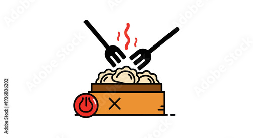 Steaming food presentation with serving utensils