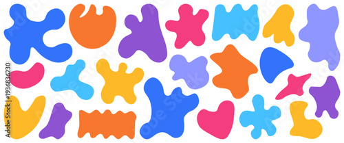 Set of big colorful abstract blob shapes in blue, orange, purple, pink, yellow.Playful collection for kids projects, fun branding, stickers, posters and bold contemporary design