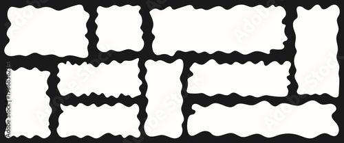 Set of wavy organic rectangles white on dark background. Composition geometric shapes, funky frames for text and pictures, empty speech bubbles