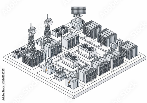 Isometric illustration of a telecommunications infrastructure with cell towers and data centers.
