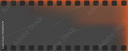 Transparent vintage film frame overlay with warm orange light leak, dust and scratches, old analog camera negative border template for photo editing, video effects and retro design projects