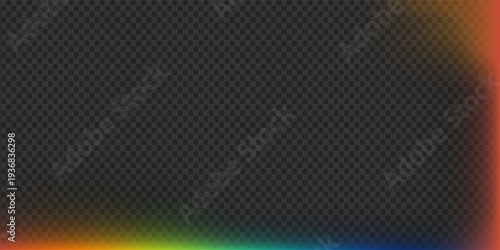 Unique light leak featuring a spectrum of colors including blue, green, and orange. Simulates realistic prism lens reflections and creative chromatic aberration for artistic edits