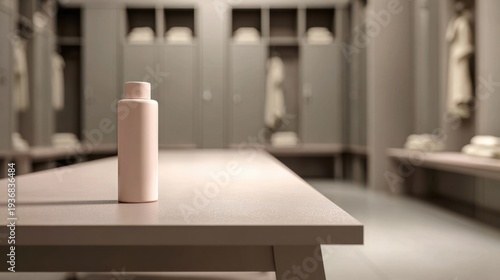 Matte pink cylindrical bottle on bench in modern locker room