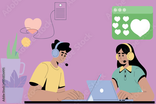 Remote communication and connection two people collaborating with digital hearts and plants