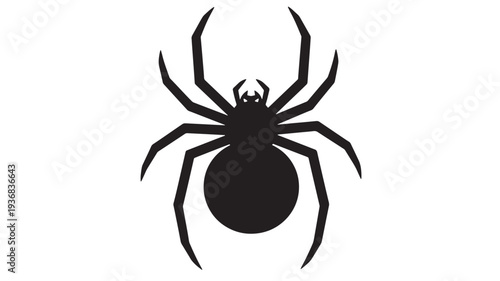 Spider silhouette icon with eight angular legs and segmented body, symbolizing Halloween and fear. featuring black, white, arachnid with creepy and