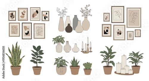 Flat lay illustration of various houseplants in pots, vases, and picture frames on a white background with a minimalist and earthy tone.