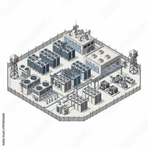 Isometric illustration of an industrial facility with various machinery and equipment.