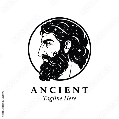 Ancient cosmic bearded man profile illustration in a circle, a timeless vector emblem for mythology.