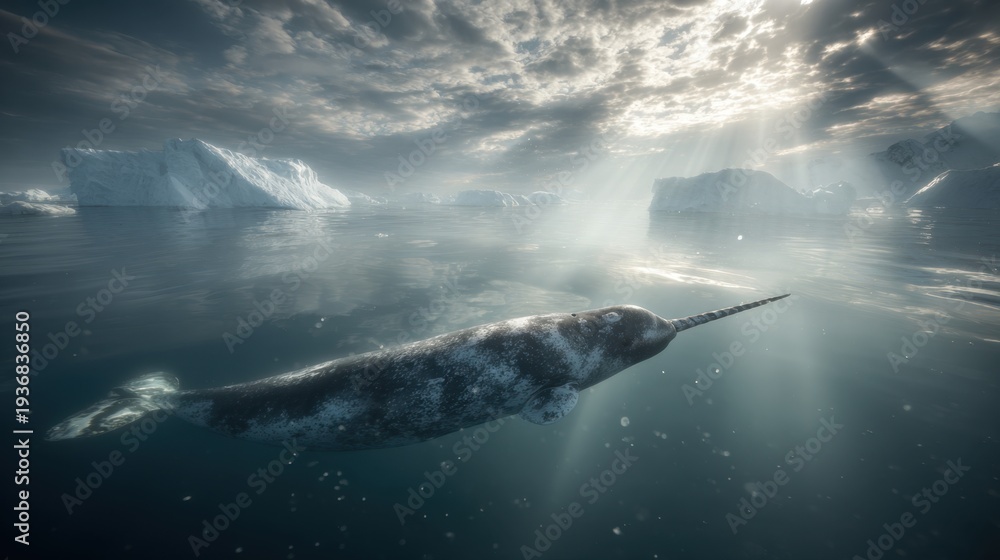 Fototapeta premium Narwhal with spiraled tusk swims in arctic water